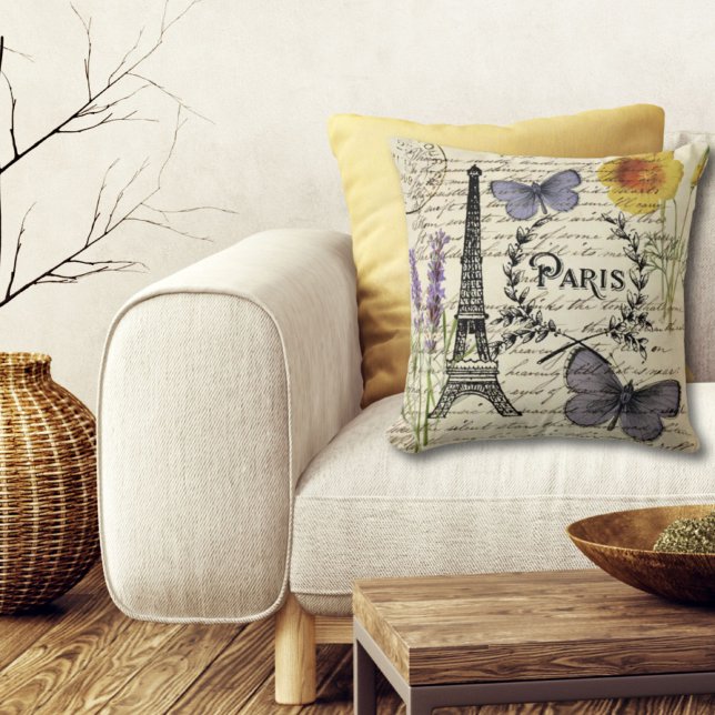 Coussin tour eiffel de paris, papillon rustique vintage (vintage rustic french butterfly paris eiffel tower throw pillow)