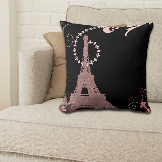 Coussin tour eiffel de paris rose et noir (girly chic black and pink paris eiffel tower throw pillow)