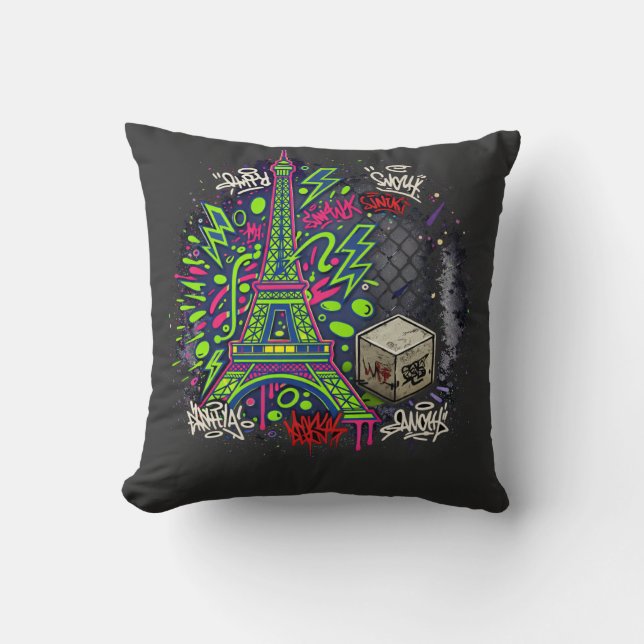 Coussin Tour Eiffel Graffiti Néon Urbain (Recto)