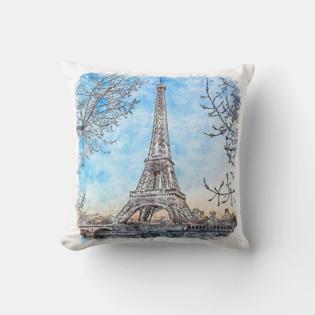 Coussin Tour Eiffel Paris France Aquarelle Tirée À La Main (Recto)