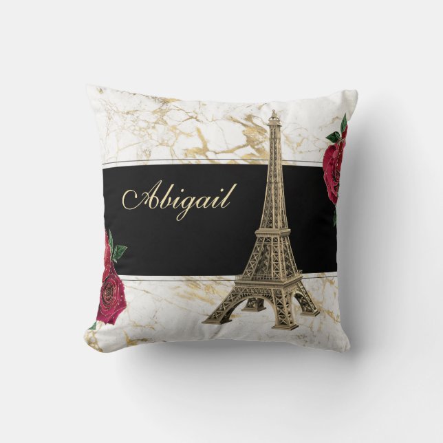 Coussin Tour Eiffel personnalisée Or, Rose Marbre blanc (Recto)