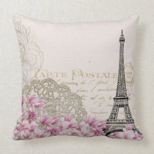 Coussin Tour Eiffel vintage de Paris & Fleurs roses