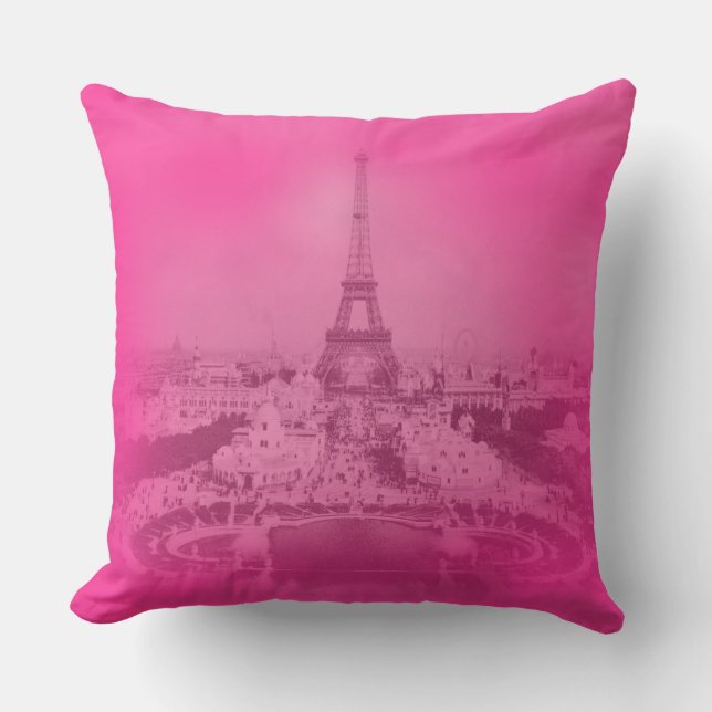 Coussin Tour vintage Paris & Eiffel Exposition rose Unique (Recto)