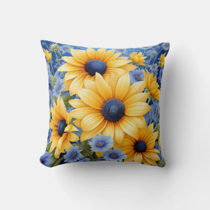 Coussin Tournesol Élégant Avec Fleurs sauvages Bleus Doux