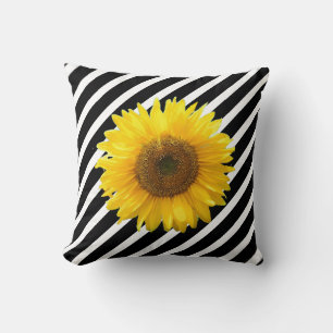Coussin Tournesol élégant sur fond rayé noir et blanc