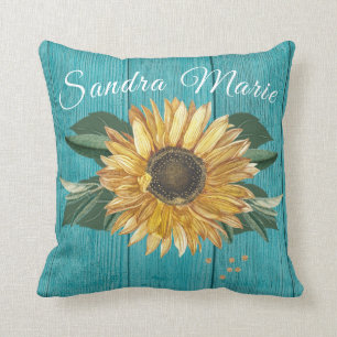 Coussin Tournesol jaune doré rustique Bois Turquoise   nom