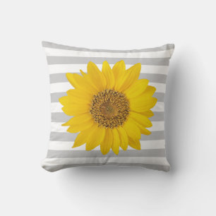 Coussin Tournesol jaune sur bandes blanches et grises