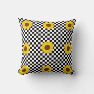 Coussin Tournesol noir et blanc À damiers Fleur Motif