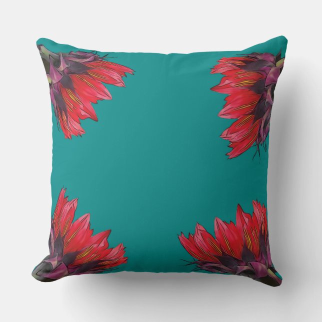 Coussin Tournesol rouge sur le carreau de turquoise (Recto)