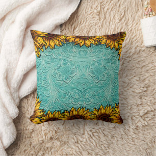 Coussin Tournesols brillants et brillants en cuir turquois