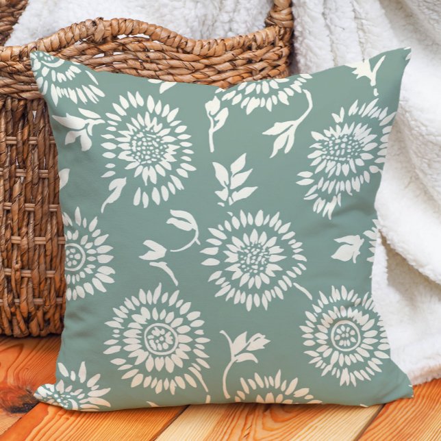 Coussin Tournesols Crème Vert Sauge Botanique Bohème (Boho Botanical Sage Green Cream Sunflowers Throw Pillow)