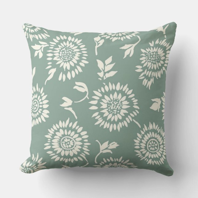Coussin Tournesols Crème Vert Sauge Botanique Bohème (Recto)