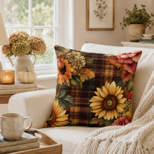 Coussin Tournesols d'automne à l'aquarelle et carreaux flo