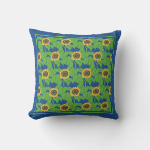 Coussin Tournesols dorés motifs floraux sur bleu clair