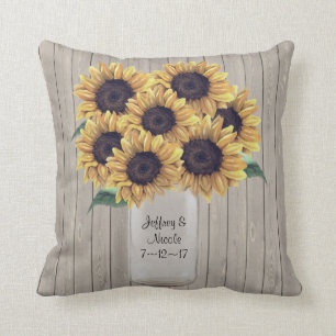 Coussin Tournesols en bois de pot de maçon de mariage