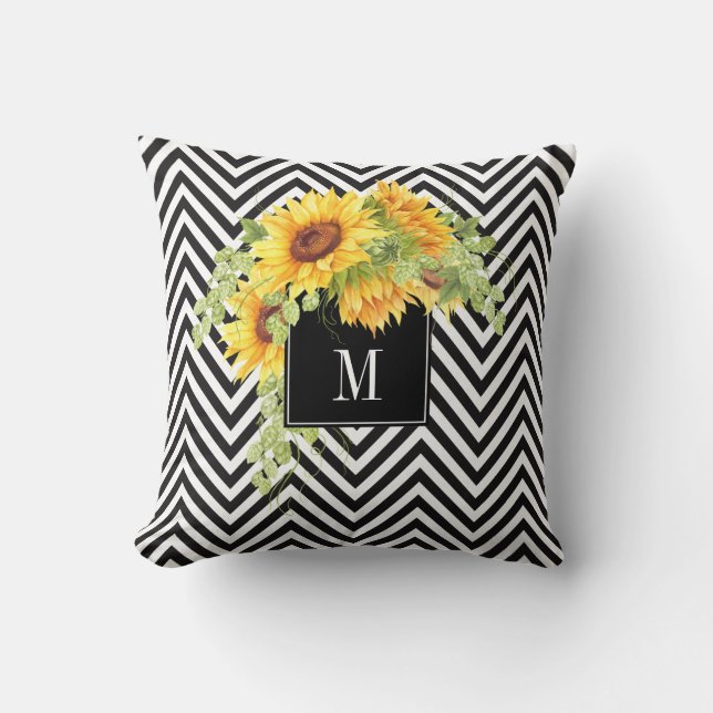 Coussin Tournesols et rayures de Chevron avec votre monogr (Recto)