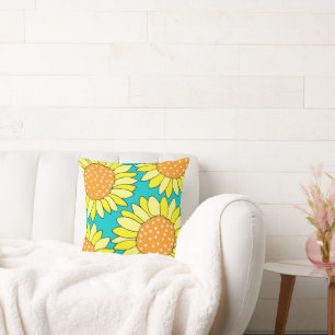 Coussin Tournesols jaunes orange turquoise dessinés à la m