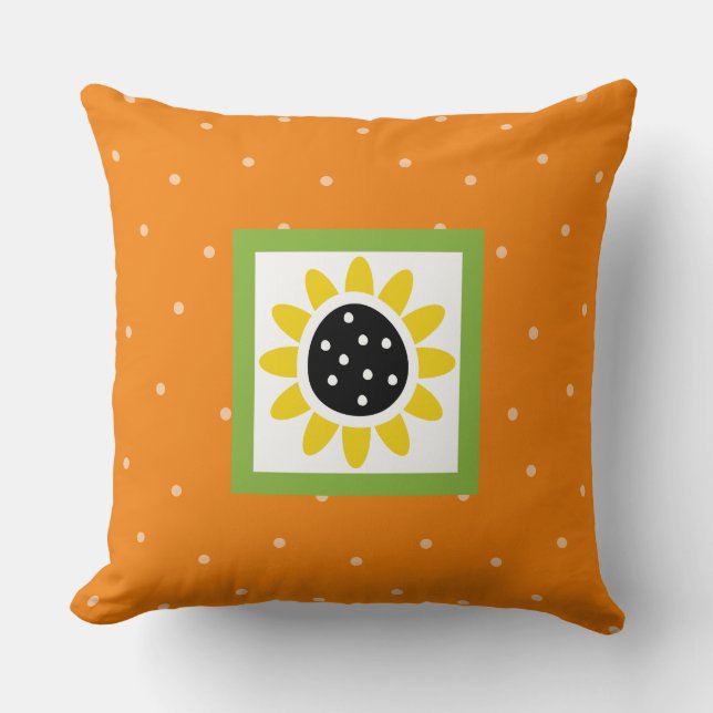 Coussin Tournesols modernes orange jaune vert à pois (Recto)