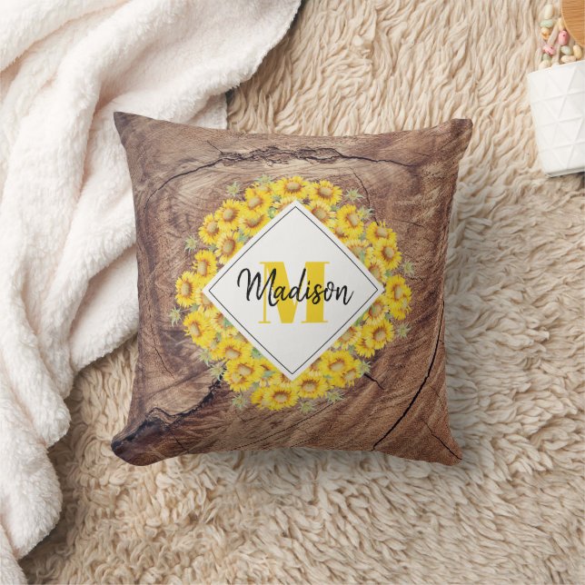 Coussin Tournésols rustiques et monogramme de texture de b (Couverture)