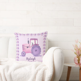 Coussin Tracteur aquarelle rose et violet personnalisable