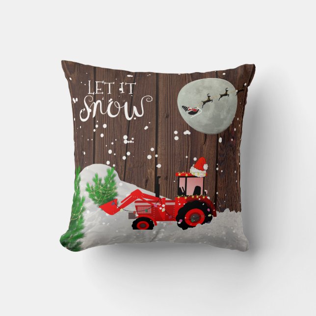 Coussin TRACTEUR ROUGE DE Noël Décor rustique en bois (Recto)