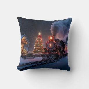 Coussin Train à vapeur traversant une ville de Noël