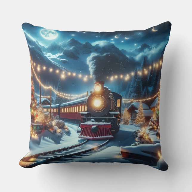 Coussin Train de Noël magique dans un paysage enneigé (Recto)