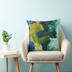 Coussin Traits de pinceau abstraits bleus, verts et jaunes