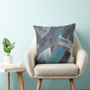 Coussin Traits de pinceau abstraits en bleu, gris et noir