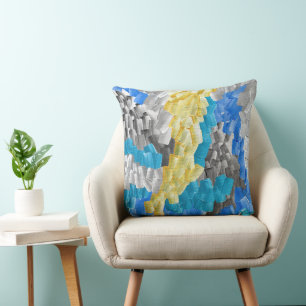 Coussin Traits de pinceau abstraits en jaune, bleu et gris