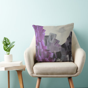 Coussin Traits de pinceau abstraits en violet, gris et noi