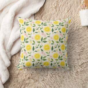 Coussin Tranches de citron jaune d'été lumineux et fleurs