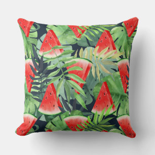 Coussin Tranches de pastèque avec feuilles tropicaux