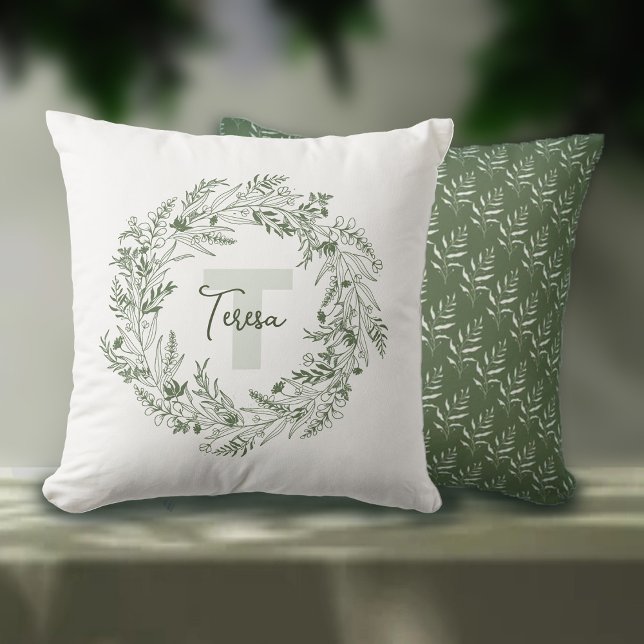 Coussin Tranquil Leafy Botanical Monogram T (Créateur téléchargé)