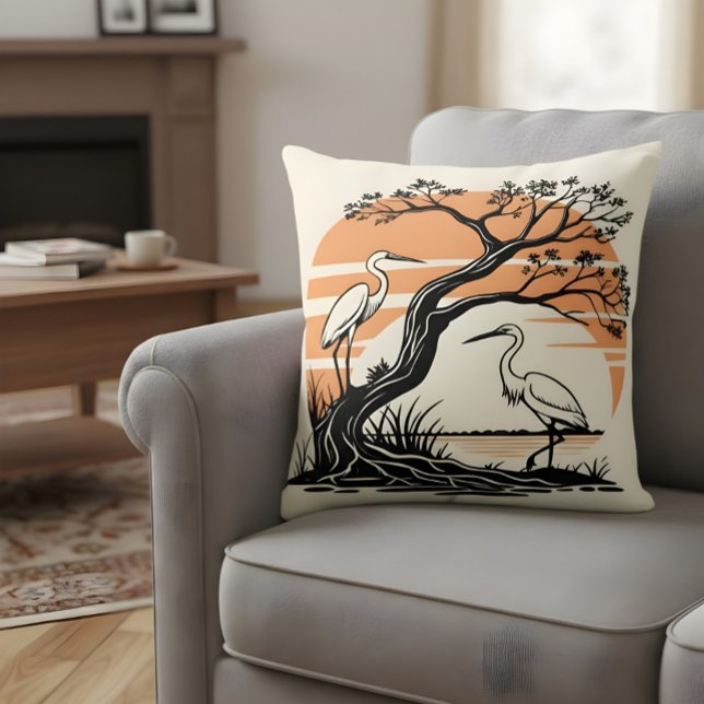 Coussin Tranquille Heron Retro Sunset (Créateur téléchargé)