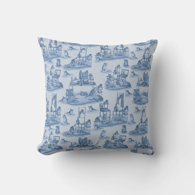 Coussin Travailler de la maison avec mes chats Delft Blue  (Recto)