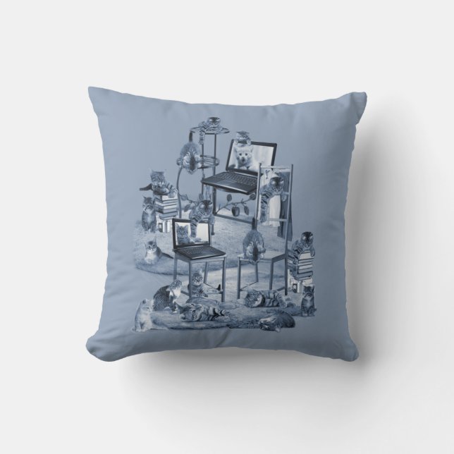 Coussin Travailler de la maison avec mes chats Delft Blue  (Recto)