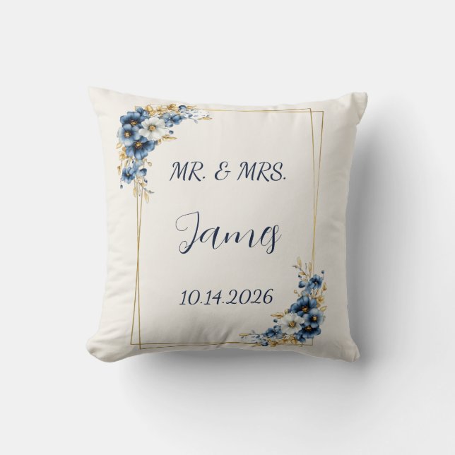 Coussin Traversin de mariage floral or bleu (Recto)