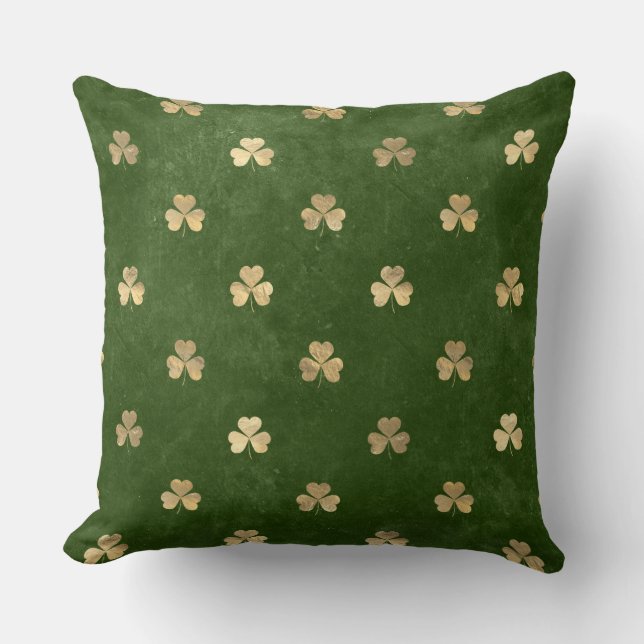 Coussin Trèfle Irlandais Elégant Vert et Or (Recto)