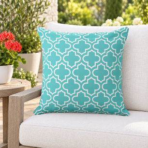 Coussin Trellis en quatrefeuilles aqua blanc classique