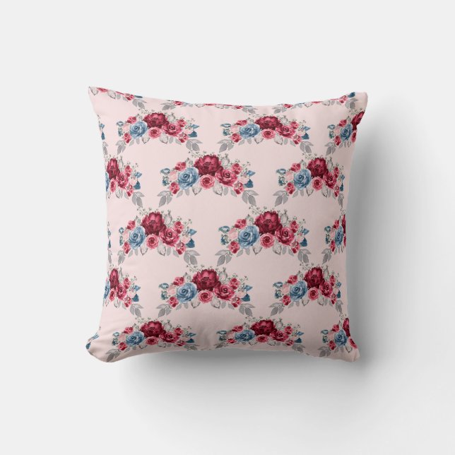 Coussin Trellis Rose de Bourgogne rose et bleu poussiéreux (Recto)