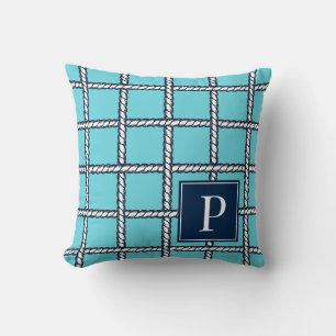Coussin Tresse de corde nautique – Monogramme côtier turqu