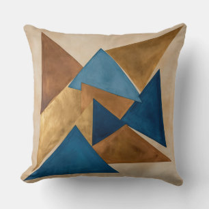 Coussin triangle bleu, or et bronze abstrait