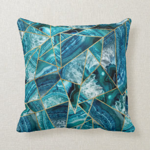 Coussin Triangle géométrique d'or de noir d'agate de bleu