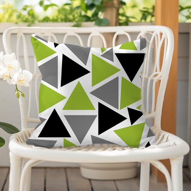 Coussin Triangles Aléatoires Vert Citron Gris Noir sur Fon (Créateur téléchargé)