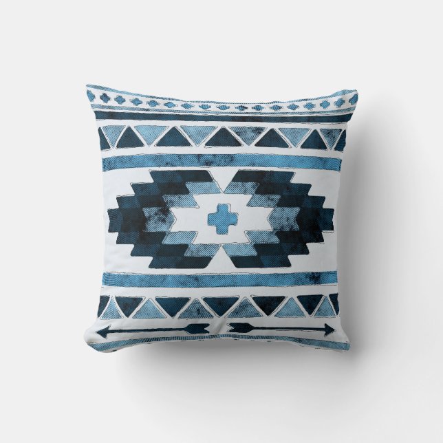 Coussin Tribal aztèque grunge bleu (Recto)