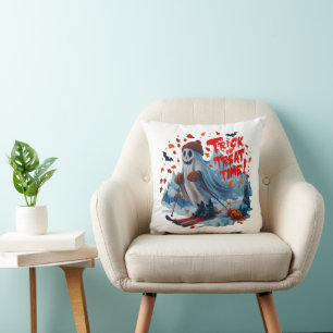Coussin Trick or Treat Time : Ghost Skiing Fun Design