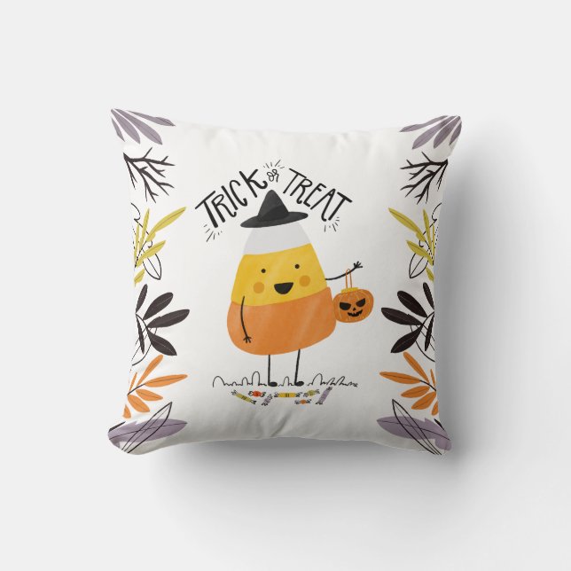 Coussin Tricoter ou traiter l'Halloween du maïs bonbon | C (Recto)
