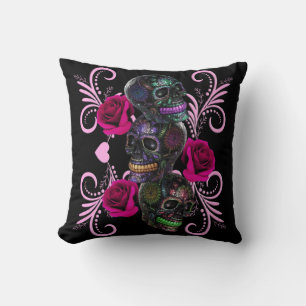 Coussin Triple Black Jour des Morts Crânes Roses Roses