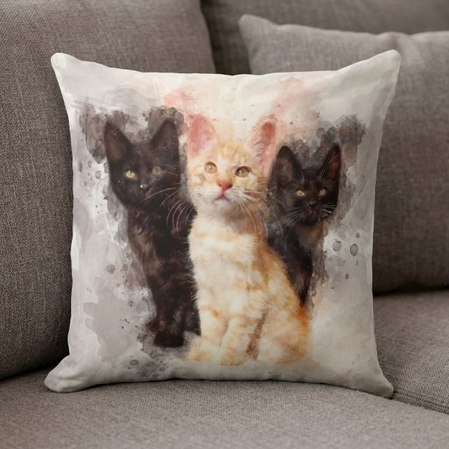 Coussin Trois chatons mignons et beaux aquarelle (Watercolor Trio of Cute Black and Orange Kittens. Throw Pillow )